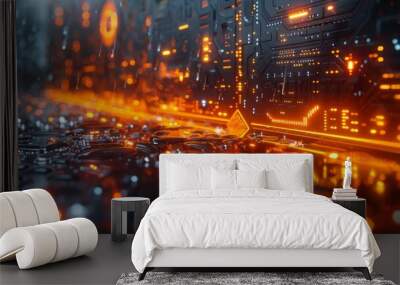 Cyberpunk Circuitry Illuminated by Neon Lights Wall mural