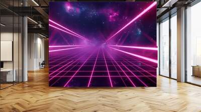 Futuristic background with a glowing grid in the outer space . backdrop with blue perspective grid and sky full of stars. Synthwave background. Wall mural