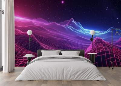 galaxy 80s synthwave styled landscape with blue grid wave Wall mural