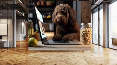 Labradoodle dog ordering online by internet for home delivery. Paws on laptop with a food shopping product selection. Concept for pets using technology, or animals imitating humans by ai generative Wall mural