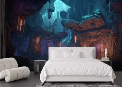 Mystery Cave with Sci-Fi Building by ai generative Wall mural