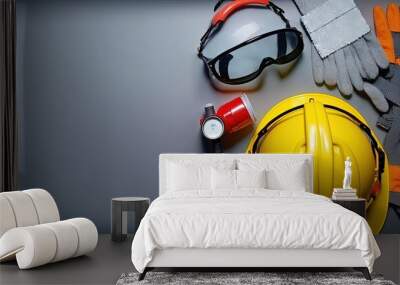 Occupational safety and health - work safety items of construction industry on gray background with top view copy space by ai generative  Wall mural