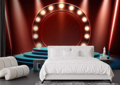 red and blue royal podium , Round podium stage in spotlights rays by ai generative Wall mural