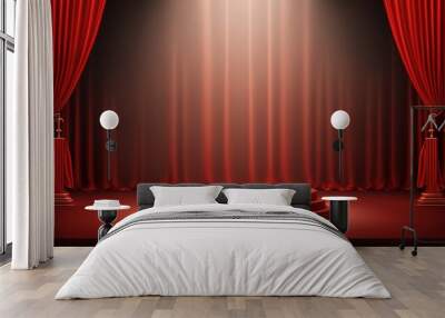 red podium with spotlight on red curtain by ai generative Wall mural