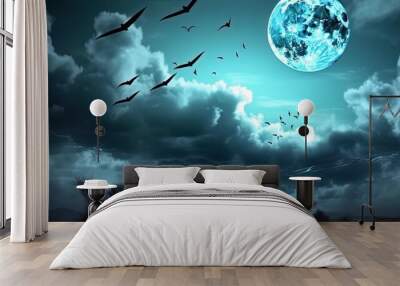 spooky halloween night sky with moon and bat by ai generative Wall mural