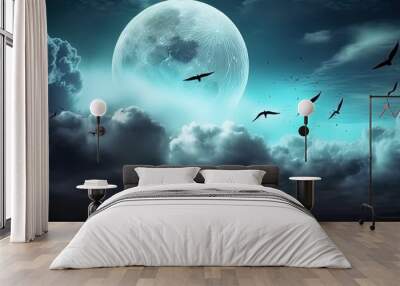 spooky halloween night sky with moon and bat by ai generative Wall mural