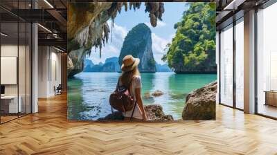 Young woman traveler with hat looking at beautiful view of Halong bay, Vietnam Wall mural