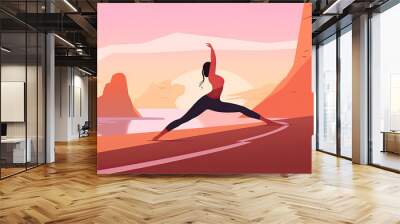 illustration of a woman doing yoga at sunrise, Generative AI Wall mural