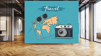 A map, camera, and sunglasses. Travel concept. Wall mural