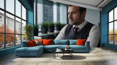 A businessman focused on a laptop screen, in a modern office setting. Wall mural