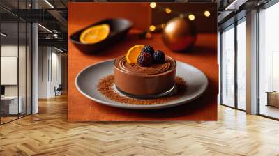 A chocolate mousse dessert, elegantly resting on a vibrant orange table. Wall mural