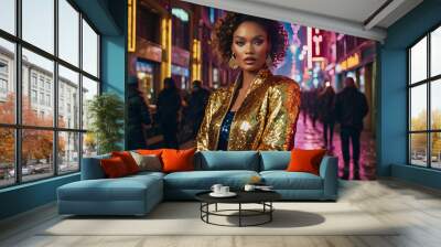 A fashion model wearing a glittery jacket stands in a vibrant urban New Year’s scene. Wall mural