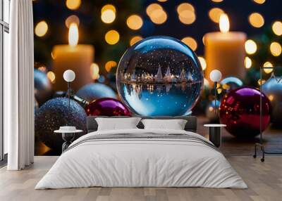 A festive table with a crystal ball centerpiece, surrounded by blurry Christmas lights and decorations. Wall mural