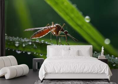 Close-up of a mosquito clinging to a dewdrop-covered leaf in a lush, green environment. Wall mural