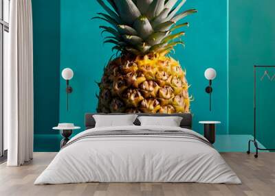 Tropical Pineapple Delight: A fresh pineapple set against a vibrant turquoise background, evoking a tropical paradise. Wall mural