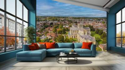 The drone aerial view of Winchester Cathedral and city, England. The Cathedral Church of the Holy Trinity, Saint Peter, Saint Paul and Saint Swithun, commonly known as Winchester Cathedral. Wall mural