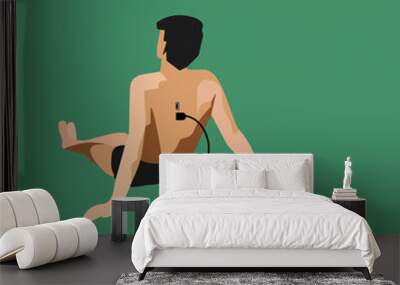 USB wires connected to a person, vector. A man in shorts sits with his back, he has 2 USB inputs on his back and a wire sticks out. Concept illustration. Wall mural