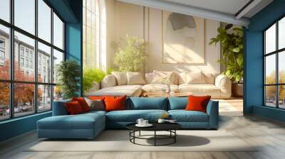 A bright living room features a cozy sofa beside a large window with greenery outside and an abstract art piece on the wall, perfect for lifestyle. Wall mural