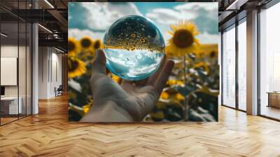 A captivating image of a hand holding a glass sphere that reflects a vibrant sunflower field under a cloudy sky, creating a stunning visual effect that merges nature with a unique perspective. Wall mural