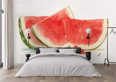 A delightful watercolor painting of fresh watermelon slices, capturing the juicy red flesh and vibrant green rind, evoking summer's sweetness. Wall mural