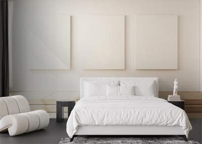 A minimalist art gallery interior featuring three blank canvases on a bright wall, inviting creativity and imagination. Wall mural