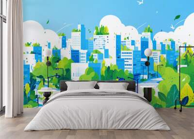 A vibrant digital illustration of a cityscape filled with greenery and blue buildings, depicting a modern and eco-friendly urban environment. Wall mural