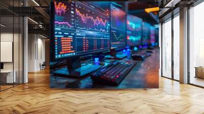 A computer desk with computer monitors displaying various data and graphs. The room is dimly lit with a purple neon light, creating a dark ambiance. data graphics concept Wall mural