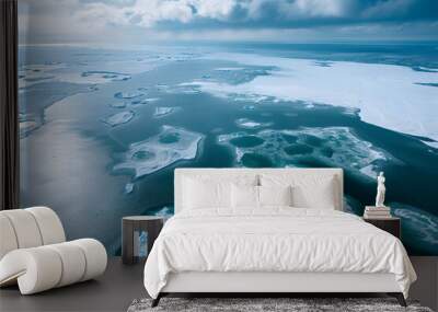 Floating ice in the Arctic sea, with the snow covered mountains on the horizon, a Norwegian archipelago between mainland Norway and the North Pole Wall mural