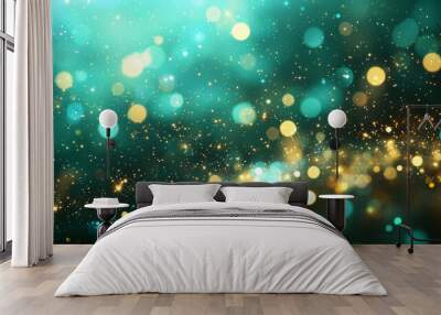 Green gold glow particle abstract bokeh with dark background and copy space, creating a vibrant and shimmering effect ideal for festive and celebratory themes. Wall mural