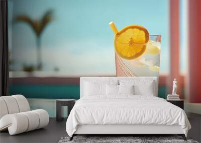 Refreshing summer cocktail with ice cubes and fruits on swimming pool background, summer vacation, holiday vibe Wall mural