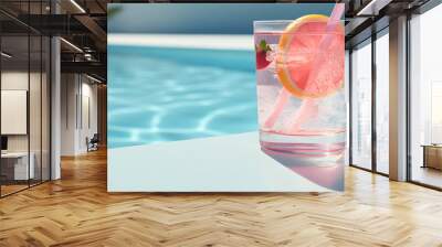 Refreshing summer cocktail with ice cubes and fruits on swimming pool background, summer vacation, holiday vibe Wall mural