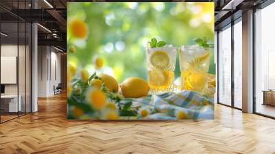 Refreshing summer drinks, lemonade, summer flowers garden background, outdoor photography,  Wall mural