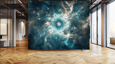 Nebula surrounds a black circle, the nebula appears blue and white, with a dark universe in the background Wall mural