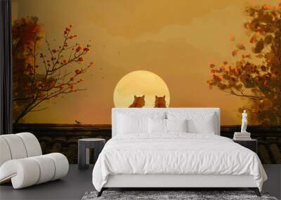 Two Orange Cats on a Roof with Full Moon for Autumn and Friendship Wall mural