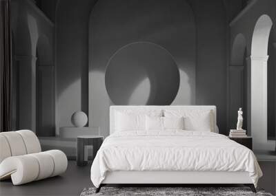 White room with two round columns in the room, a round arch in the middle and a beam of light on the wall Wall mural