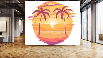 Icon night on the beach with palm trees. Evening sunset on the resort beach. Morning sunrise under palm trees. Yellow sunset on the beach. Waves, sky and yellow sun. Vector illustration, EPS 10 Wall mural