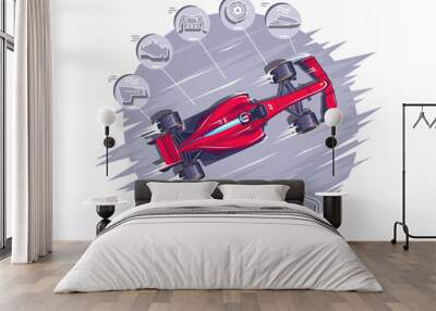 Racing at high speeds F1. Queen's races. Besignation of the parts of a sports car. Speed racing tournament. Superelevation at high speed. Route F1. The desire for victory. Vector illustration EPS 10 Wall mural