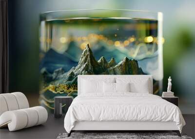 Miniature landscape, Chinese landscape, in a glass, 3d stereo effect of the mountain, blue and green color scheme Wall mural