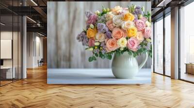 A charming spring bouquet of pastel roses and lilac in a ceramic jug on a rustic wooden table Wall mural