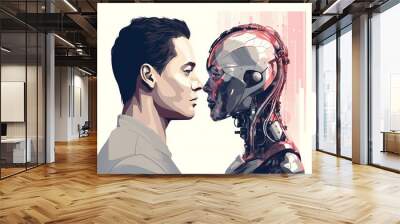 A man kisses a robot. Gender undecided relationship. Love between human and robot ai Wall mural