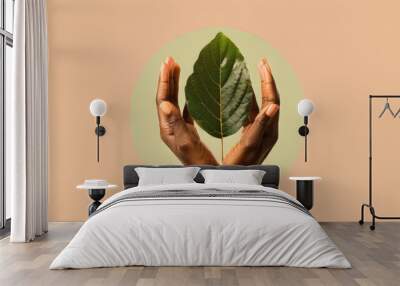 A pair of African American hands holding up an isolated leaf. eco-friendly, Green Solutions, Environmental Awareness, Climate Change Awareness Wall mural