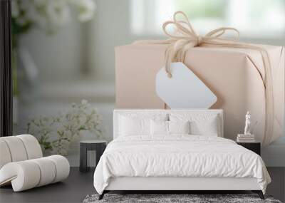 A rustic wedding gift beautifully wrapped on a wooden table, adorned with wildflowers and soft natural light streaming through barn windows Wall mural