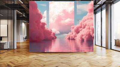 A serene landscape with a square frame amidst vibrant pink clouds reflecting on a tranquil lake Wall mural