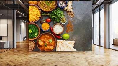 Assorted Indian food on a dark rustic background. Set traditional Indian dishes - Chicken tikka masala, palak paneer, saffron rice, lentil soup, pita bread and spices. View from above,copy space. Wall mural