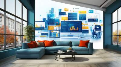 Businessman working on data analysis with multiple screens and charts in a futuristic digital workspace Wall mural