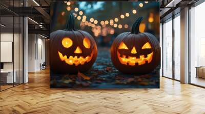 Carved pumpkins with smiley faces shine during a festive evening in a decorated outdoor space Wall mural