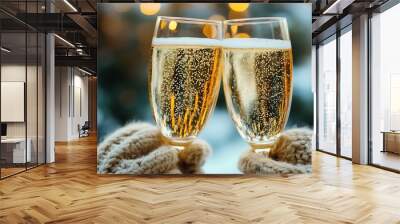 Close-up cropped view of two hands wearing warm outfit holding in hands glasses sparkling wine congrats festal mood atmosphere outdoor festive event party Wall mural