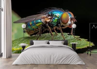 Close-up of vibrant green bottle fly on leaf with detailed macro features Wall mural