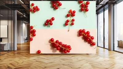 currants pattern flat lay on pastel texture background. top view.fresh red summer berries. creative  Wall mural