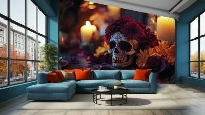 Day of the dead background with skull mask, candles and flowers, close up. Banner with dia de los muertos skull for postcard, greeting invitation or poster Wall mural